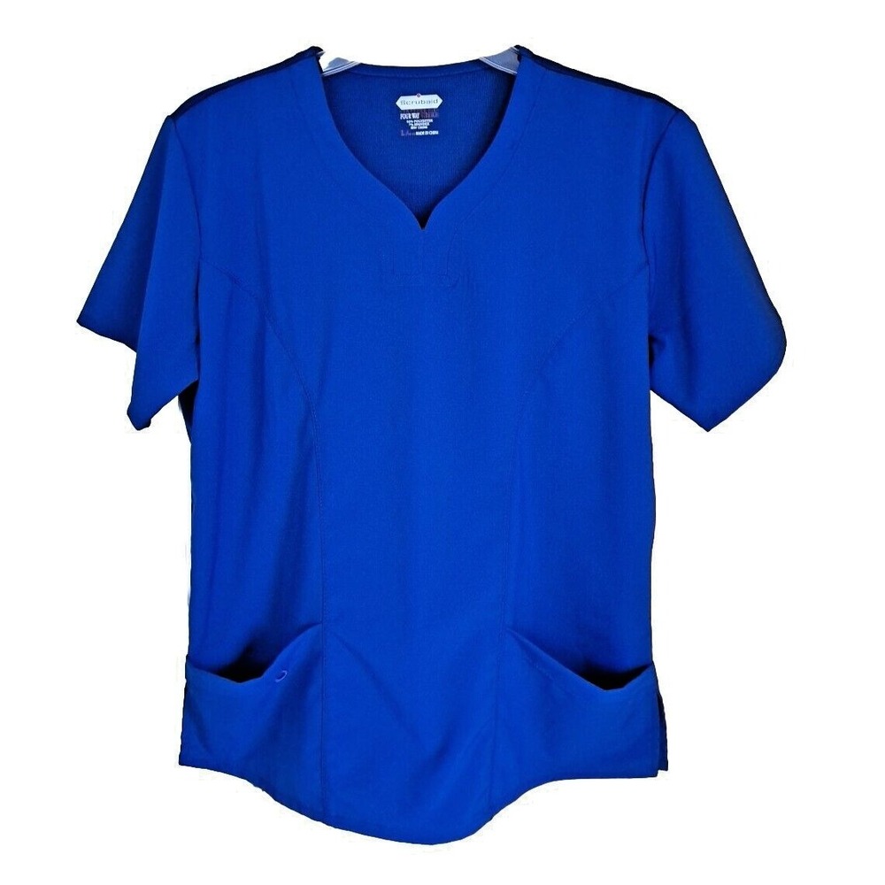 Scrubaid Scrub Top Size Large 14-16 Solid Blue Tapered Fit 4 Way Stretch Pre-own